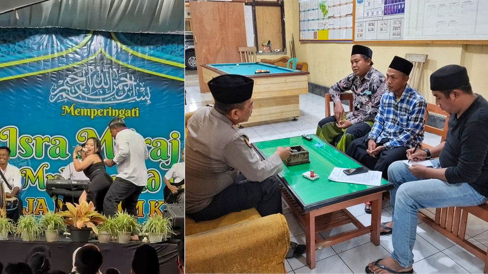 Biduan dangdut bergoyang di atas panggung saat perayaan Isra Mikraj di Bangunrejo, Parangharjo, Songgon, Jumat (17/1) malam. Kapolsek Songgon AKP Pudji Wahyono meminta pernyataan panitia.