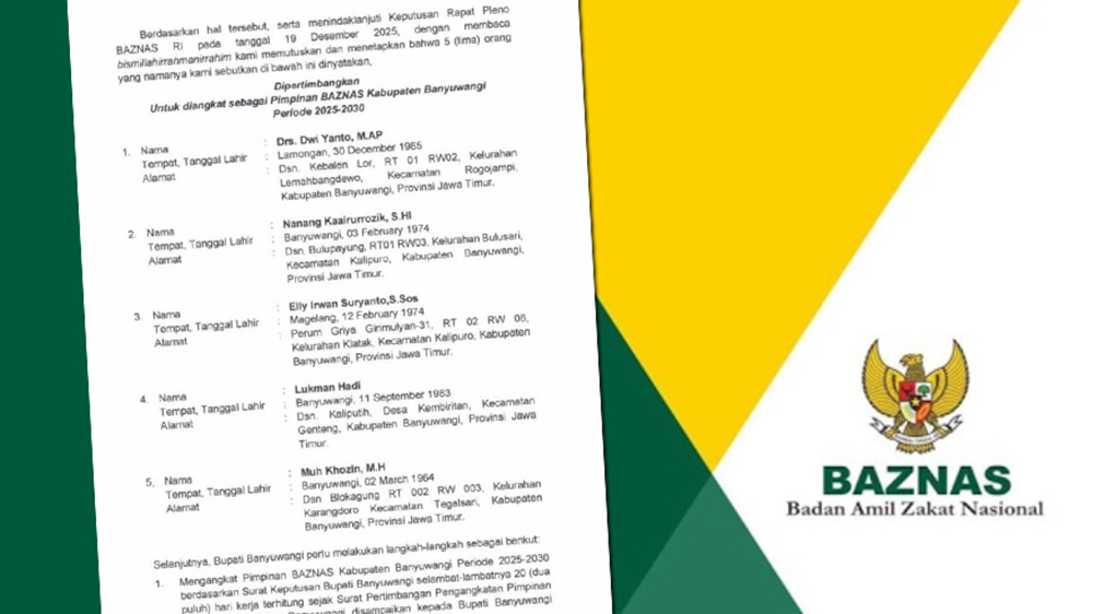 BAZNAS RI menetapkan lima calon Pimpinan BAZNAS Banyuwangi periode 2025&ndash;2030.