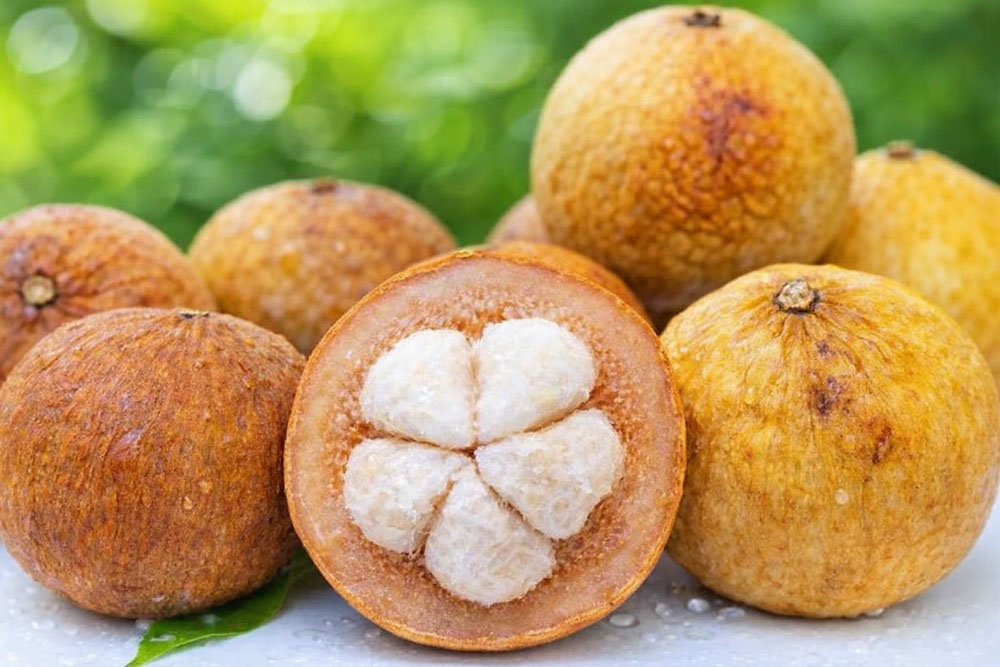 Buah kecapi menyerupai buah manggis, tapi memiliki kulit berwarna kuning. Rasanya manis cenderung asam.