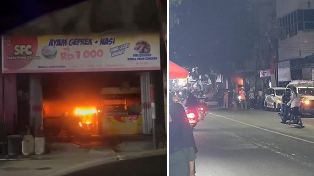 Warung Ayam Geprek SFC di pusat Kota Rogojampi Banyuwangi terbakar hebat Minggu (25/1) sore.