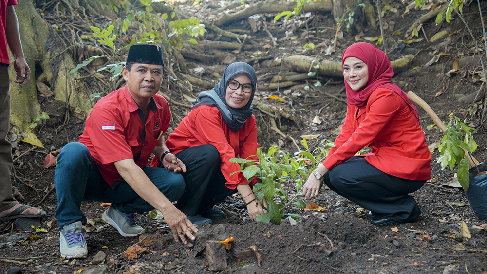 Bendahara DPC PDIP Banyuwangi Desi Prakasiwi bersama Ketua DPC PDIP Ana Aniati dan ketua PAC PDIP Muncar menanam pohon di Sendang Kopek, Kumendung, Muncar, Selasa (27/1).