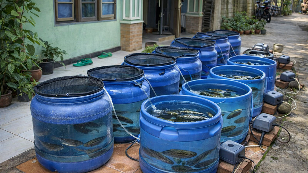 ILUSTRASI AI: Ternak ikan gabus dalam galon jadi solusi budidaya rumahan hemat tempat. Modal kecil, perawatan mudah, berpotensi jadi usaha menguntungkan.