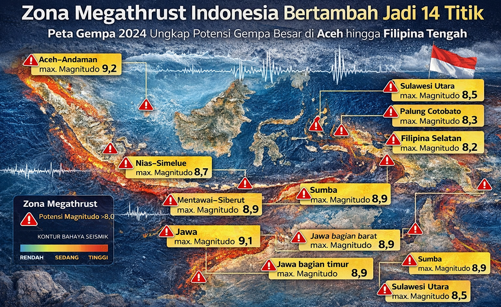 Peta Gempa Indonesia 2024 mencatat 14 zona megathrust dengan potensi gempa besar. Ahli Jepang nilai mirip Nankai Trough.