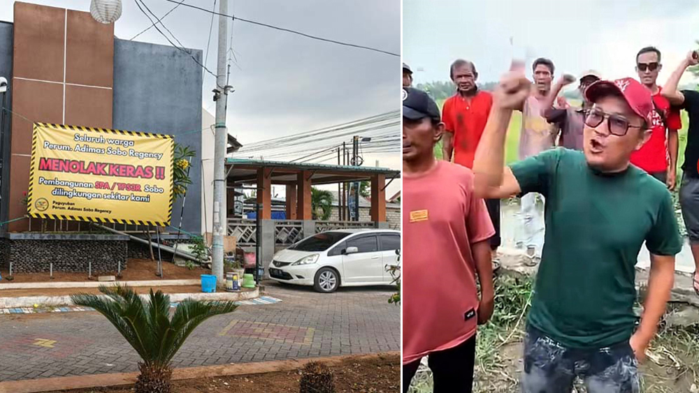 Banner penolakan pembangunan TPS3R terpasang di pintu masuk menuju Perumahan Adimas Sobo Regency. Warga Perumahan Adimas Sobo Regency menolak rencana pembangunan TPS3R.
