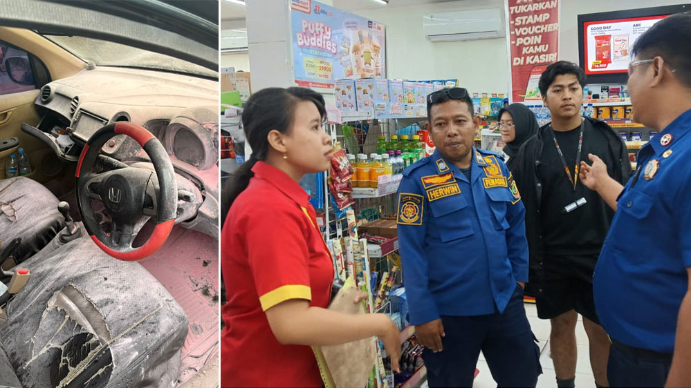 Petugas Damkarmat memberi tahu pemilik mobil yang sedang belanja di minimarket depan Pelabuhan ASDP Ketapang. Bagian dashboard mobil hangus terbakar.