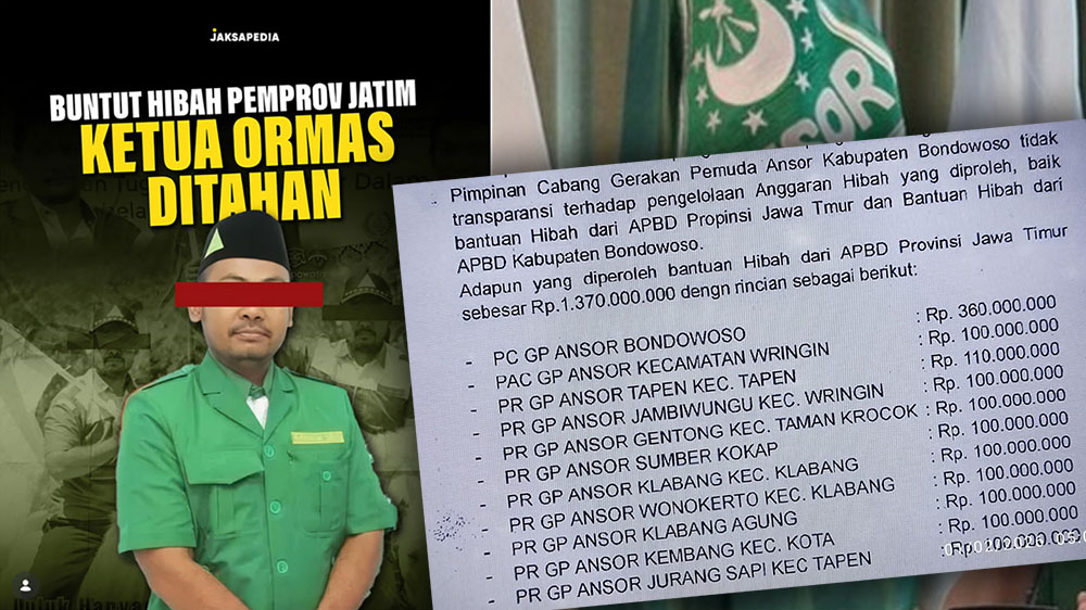 Ketua GP Ansor Bondowoso Luluk Hariadi ditetapkan tersangka korupsi dana hibah Kesra Jatim Rp 1,2 miliar. Dan dugaan aliran dana hibah Kesra Jatim.