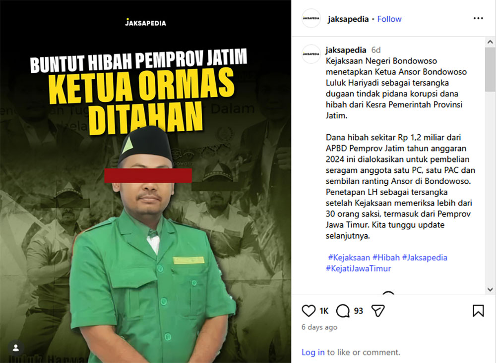 Kejaksaan Negeri Bondowoso menetapkan Ketua Ansor Bondowoso Luluk Hariyadi sebagai tersangka dugaan tindak pidana korupsi dana hibah dari Kesra Pemerintah Provinsi Jatim.