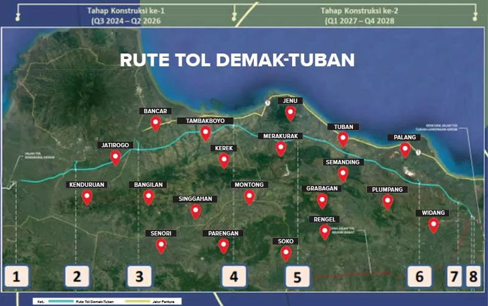 Ilustrasi rute jalan tol Demak-Tuban sepanjang 176 kilometer dengan nilai investasi sekitar Rp 50 triliun.