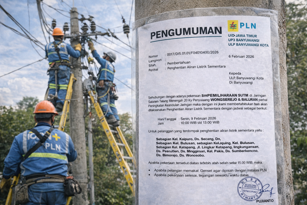 ILUSTRASI: PLN Banyuwangi akan memadamkan listrik sementara di sejumlah wilayah pada Senin 9 Februari 2026 untuk pemeliharaan jaringan SUTM 20 kV.