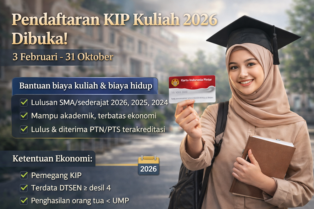 Pendaftaran akun siswa KIP Kuliah 2026 resmi dibuka mulai 3 Februari hingga 31 Oktober. Simak syarat, kriteria ekonomi, dan aturan terbarunya.
