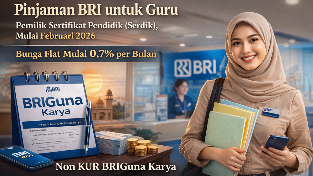 BRI membuka pinjaman non KUR untuk guru pemilik Sertifikat Pendidik lewat BRIGuna Karya Februari 2026. Bunga 0,7&ndash;1% per bulan.