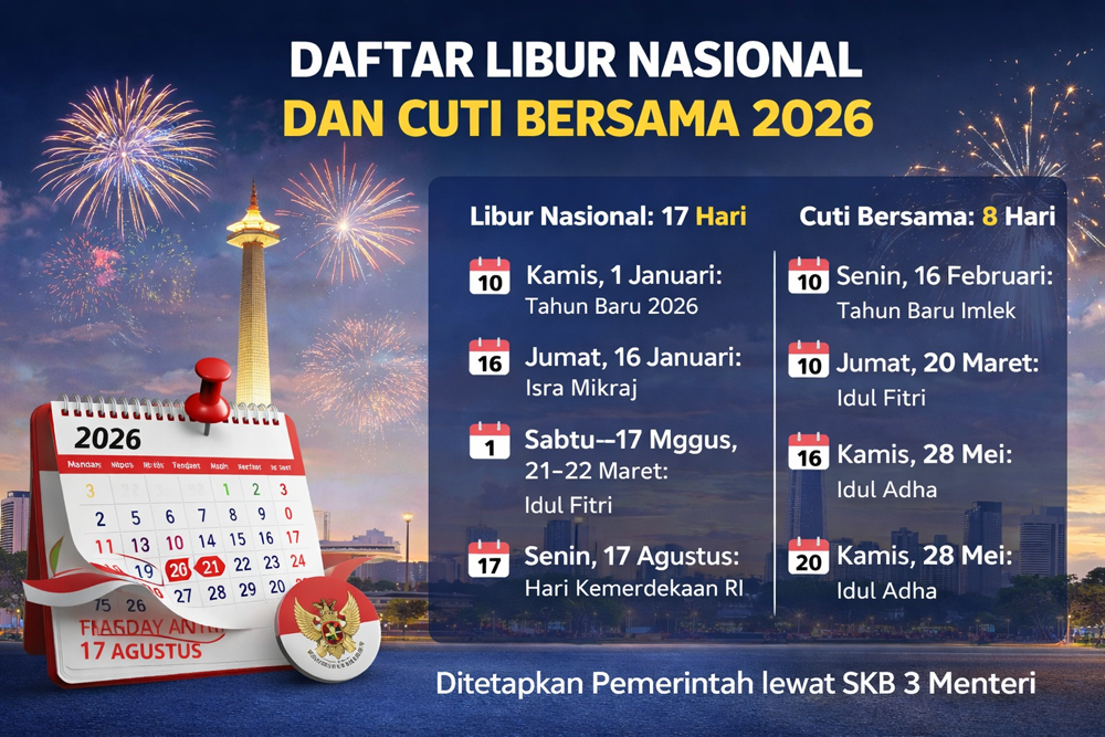 Pemerintah resmi tetapkan 17 libur nasional dan 8 cuti bersama tahun 2026. Cek jadwal lengkapnya untuk rencana liburan Anda.