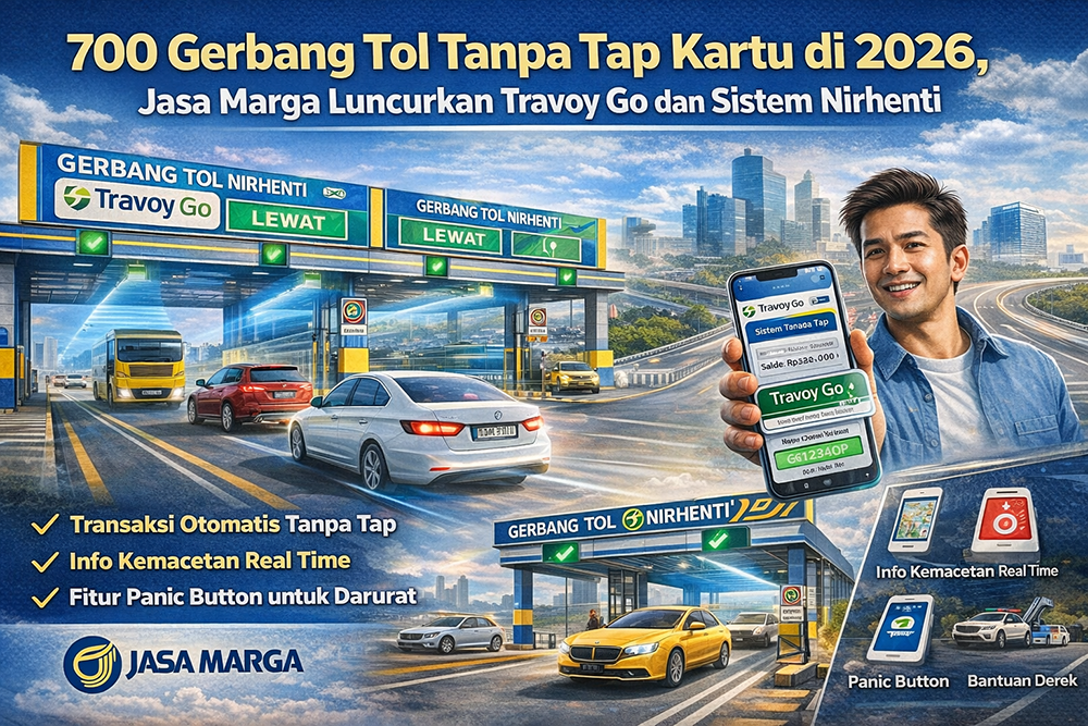 Jasa Marga targetkan 700 gerbang tol tanpa tap kartu 2026 lewat Travoy Go. Transaksi nirhenti, real time, dan fitur panic button.