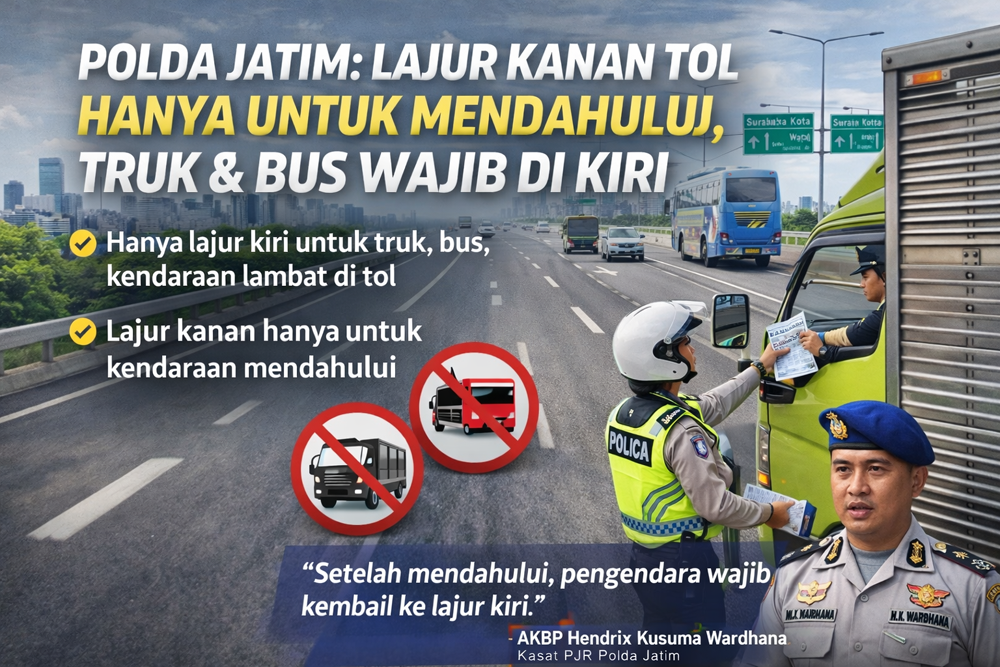 Polda Jatim menegaskan lajur kanan tol hanya untuk mendahului. Truk dan bus wajib di lajur kiri demi keselamatan dan kelancaran lalu lintas.