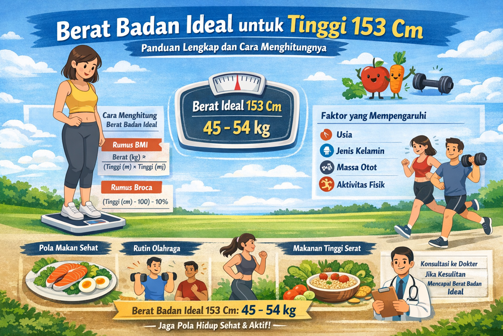 Berat badan ideal tinggi 153 cm berkisar 45&ndash;54 kg. Simak cara hitung BMI, rumus Broca, dan tips sehat mencapainya.
