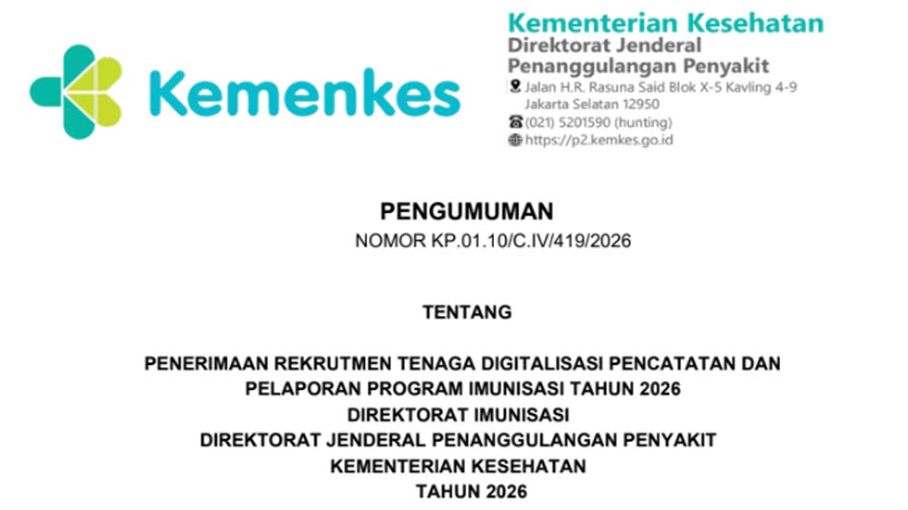 Kemenkes buka rekrutmen Tenaga Digitalisasi Imunisasi 2026. Cek formasi, syarat, jadwal seleksi dan link pendaftaran resmi di sini.