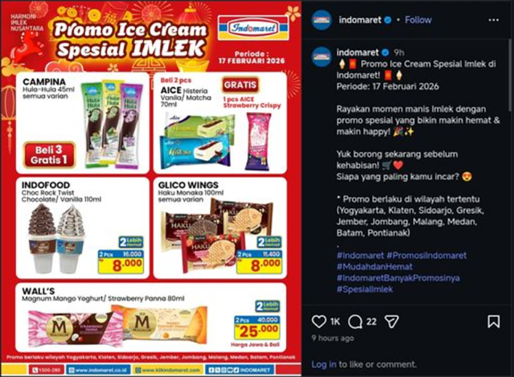 Promo Indomaret 17 Februari 2026 hadir dengan diskon es krim Imlek, tebus murah minyak goreng, hingga promo susu balita.