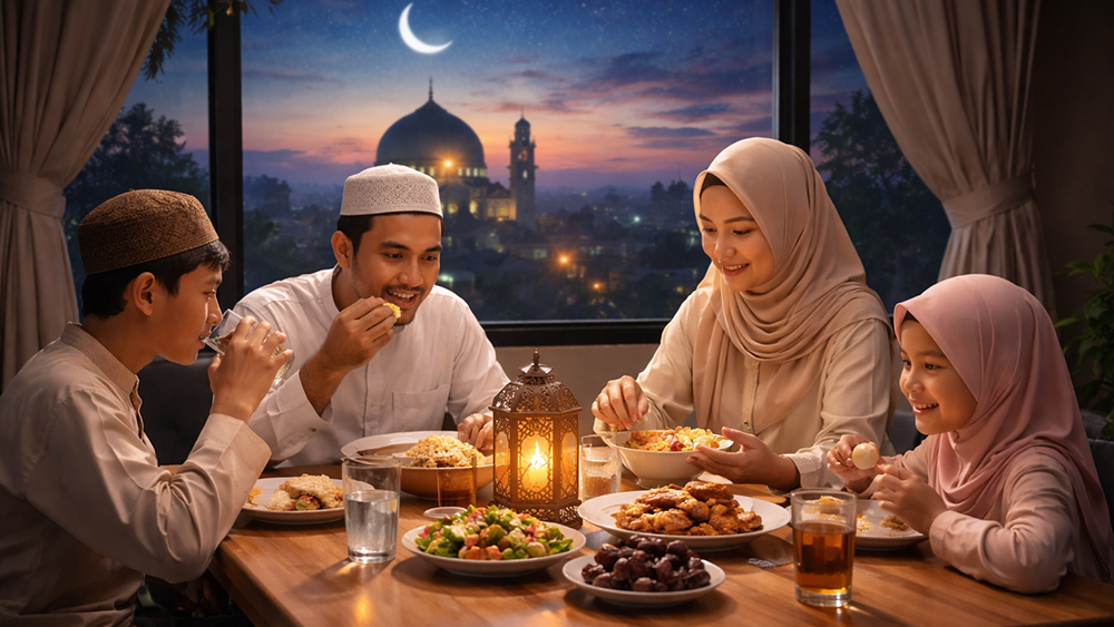 Ilustrasi umat Muslim mengerjakan santap sahur.