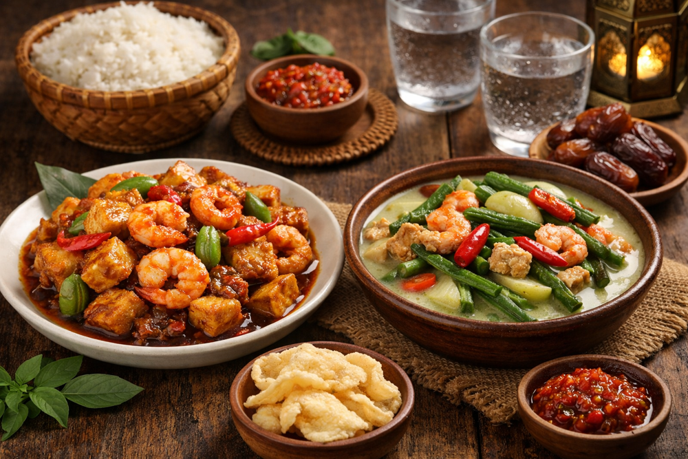 Resep tumis tahu udang pedas manis dan sayur lodeh, menu buka puasa Ramadan praktis, lezat, dan cocok untuk keluarga.