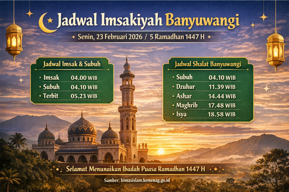 Jadwal imsakiyah Banyuwangi 5 Ramadhan 1447 H, 23 Februari 2026. Cek waktu imsak, subuh, dzuhur, ashar, maghrib, dan isya.