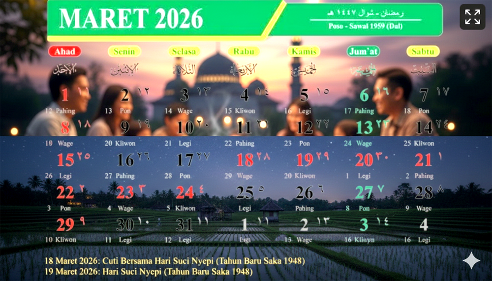 Kalender Maret 2026 lengkap dengan tanggal merah, cuti bersama, dan long weekend 7 hari. Cocok untuk rencana libur dan mudik.