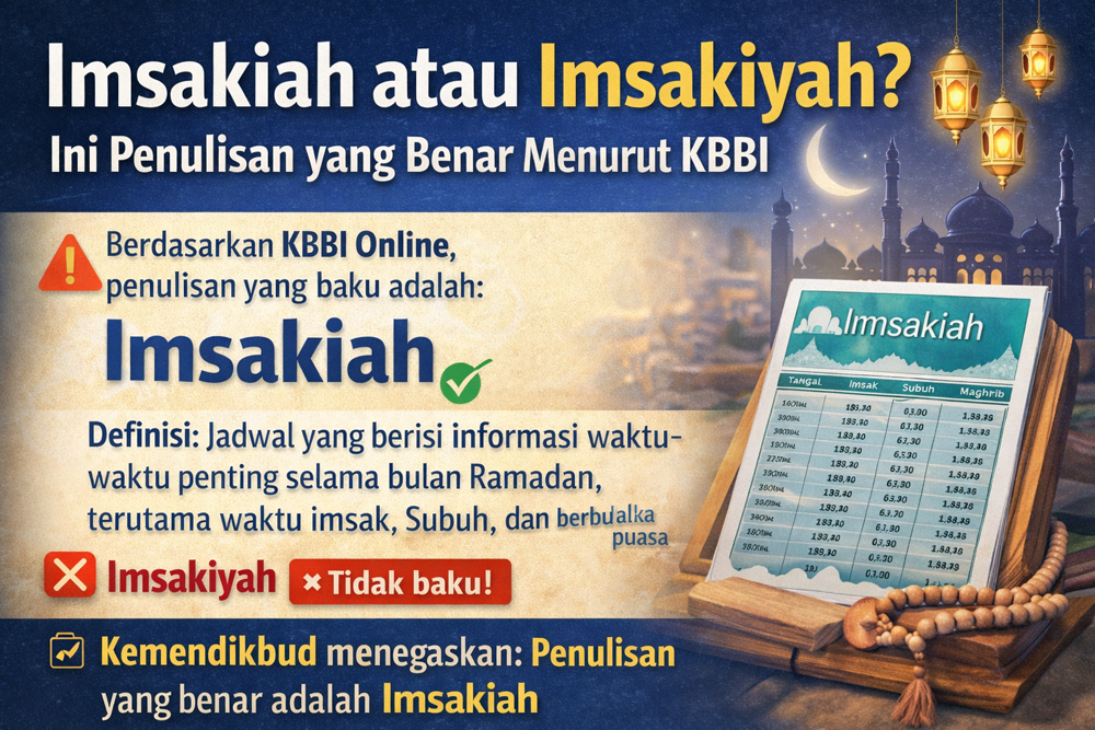 Imsakiah atau imsakiyah? Ini penulisan yang benar menurut KBBI. Simak penjelasan resmi dan alasan bakunya jelang Ramadan.