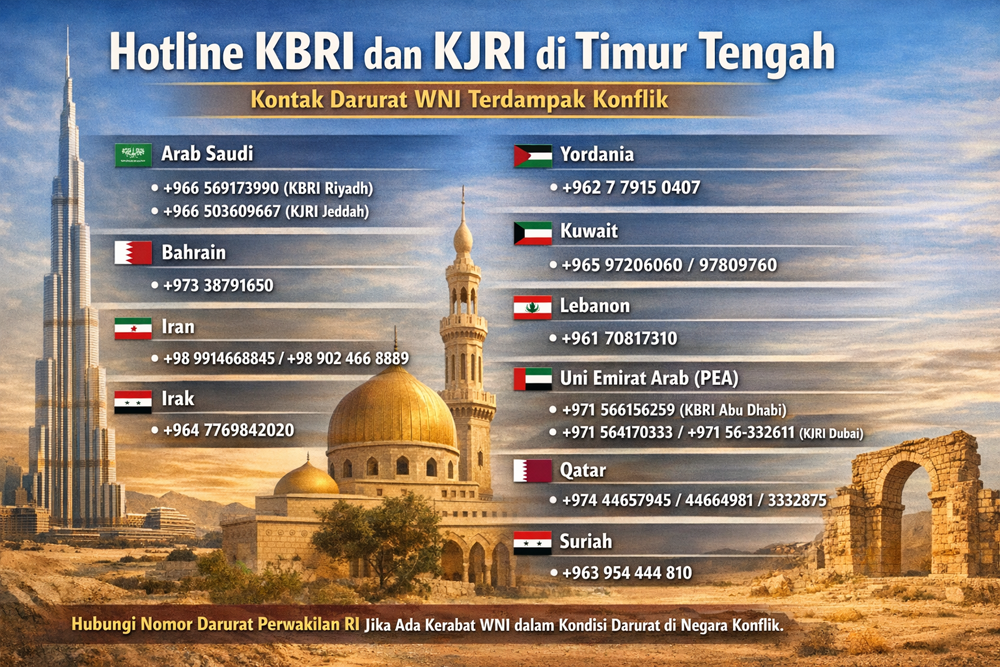 Cek hotline KBRI dan KJRI di Timur Tengah untuk WNI terdampak konflik. Tersedia nomor darurat di Arab Saudi, Iran, Irak, Qatar.
