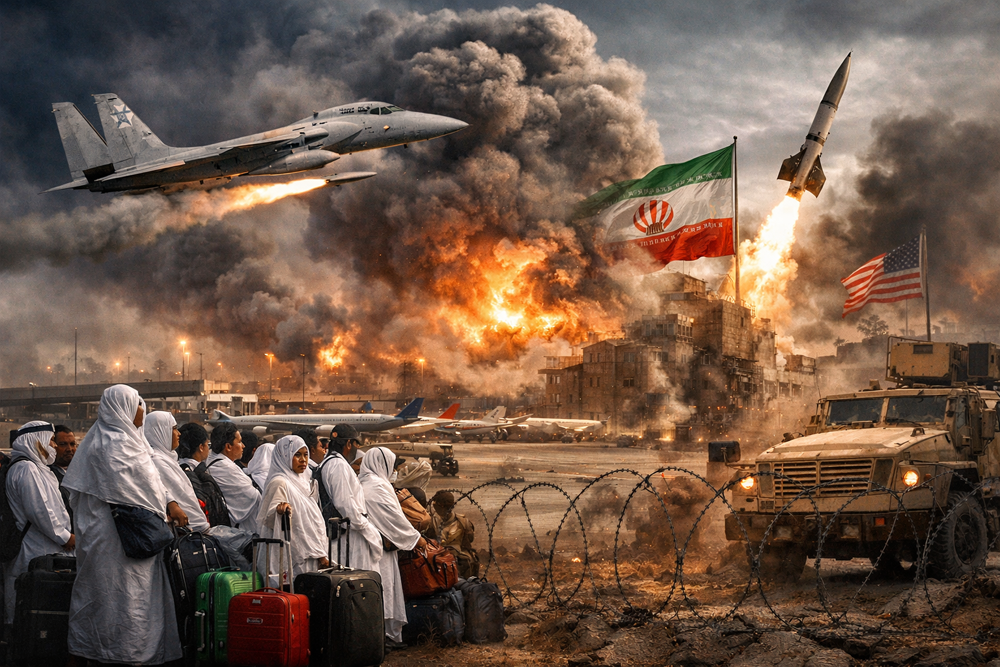 Perang AS&ndash;Israel vs Iran picu penutupan bandara. Sebanyak 58.873 jemaah umrah Indonesia terancam tertahan di Arab Saudi.