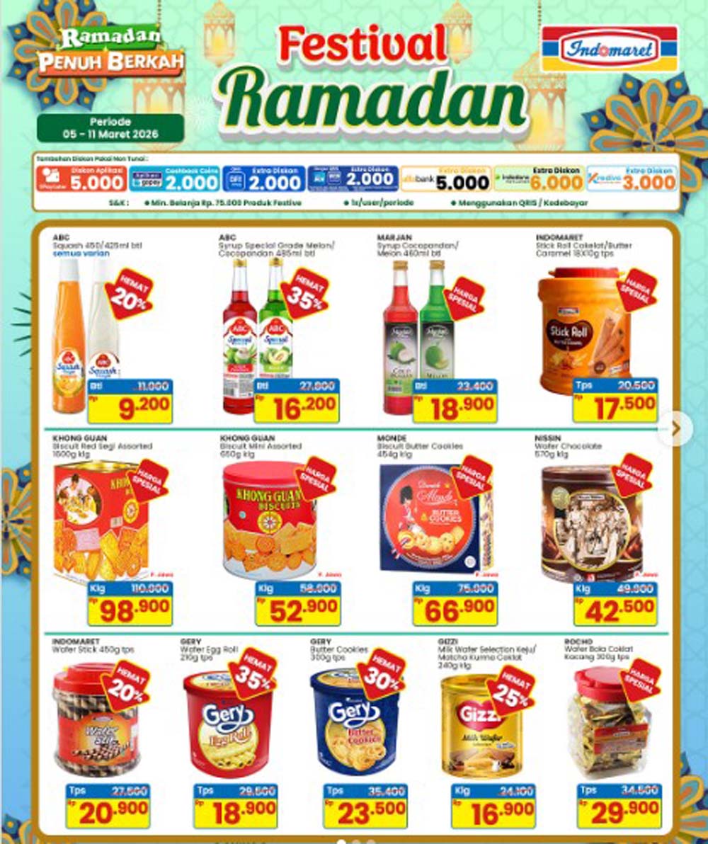 Promo Indomaret Festival Ramadan 2026 hadir 5&ndash;11 Maret. Diskon sirup, biskuit, kurma hingga minuman segar plus potongan pembayaran digital.