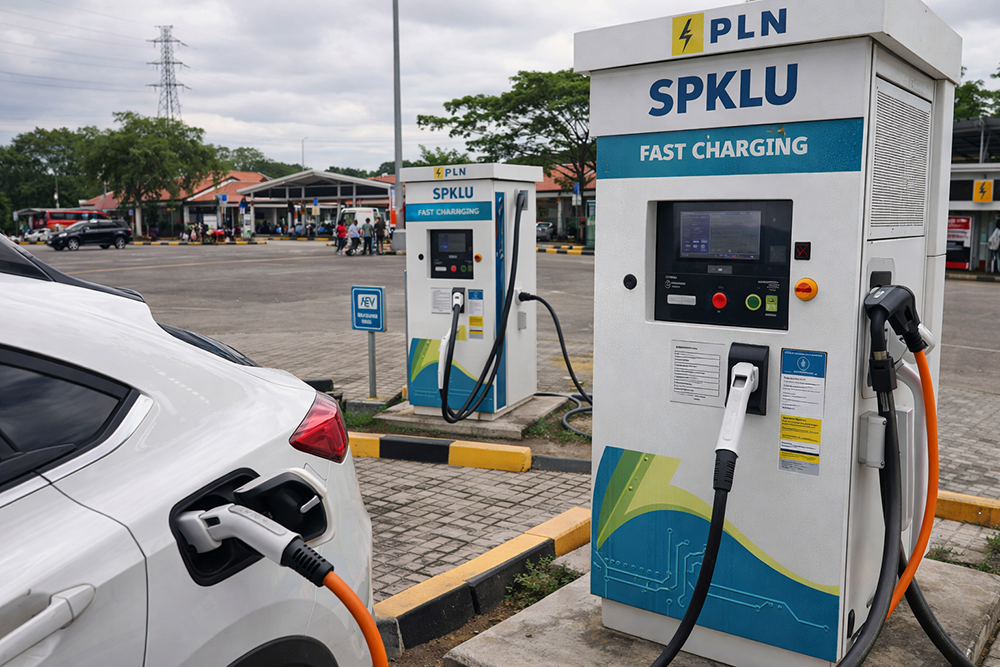 SPKLU fast charging kini tersedia di berbagai rest area tol Jawa Timur. Pengguna mobil listrik bisa isi baterai cepat saat perjalanan jauh.