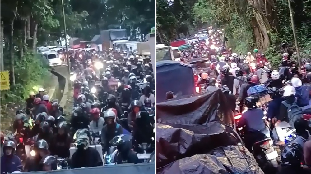 Antrean kendaraan pemudik mengular di hutan Cekik Gilimanuk, Sabtu (14/3/2026). Terbaru ekor kemacetan sudah sampai Malaya.