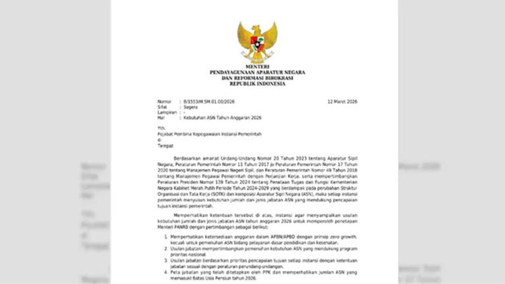 MenPAN-RB terbitkan SE kebutuhan ASN 2026. Instansi pusat dan daerah diminta ajukan formasi melalui eformasi paling lambat 31 Maret 2026.