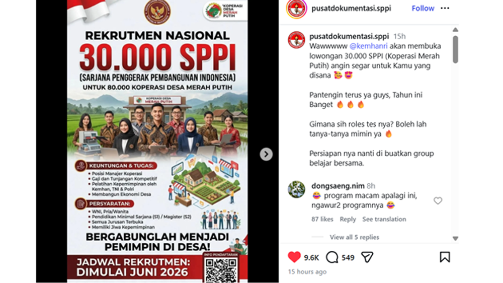 TERNYATA HOAKS: Tangkapan layar unggahan rekrutmen nasional 30.000 SPPI.