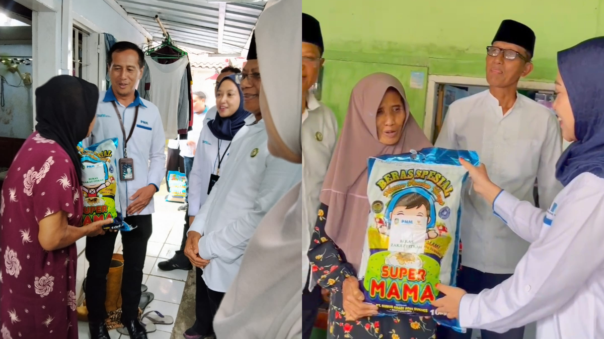 Pimpinan PNM Banyuwangi Sugiyati Nurul Handayani didampingi Ketua Baznas Kabupaten Banyuwangi Dwi Yanto dan perwakilan UPZ Kecamatan Glagah serahkan beras kepada janda lansia di Kelurahan Bakungan.