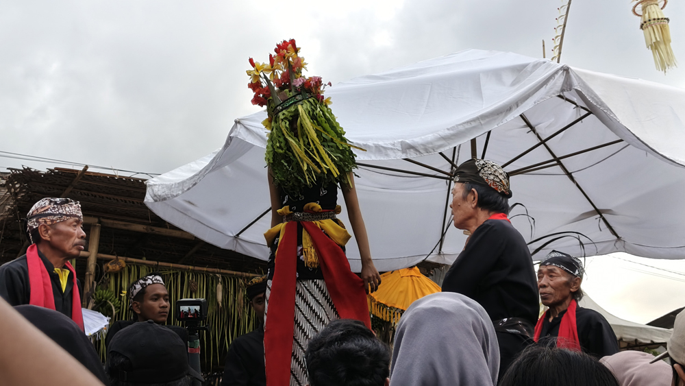DEBUT: Sayu Apriliani menari dalam kondisi tak sadarkan diri dalam ritual Seblang di Desa Olehsari, Kecamatan Glagah.