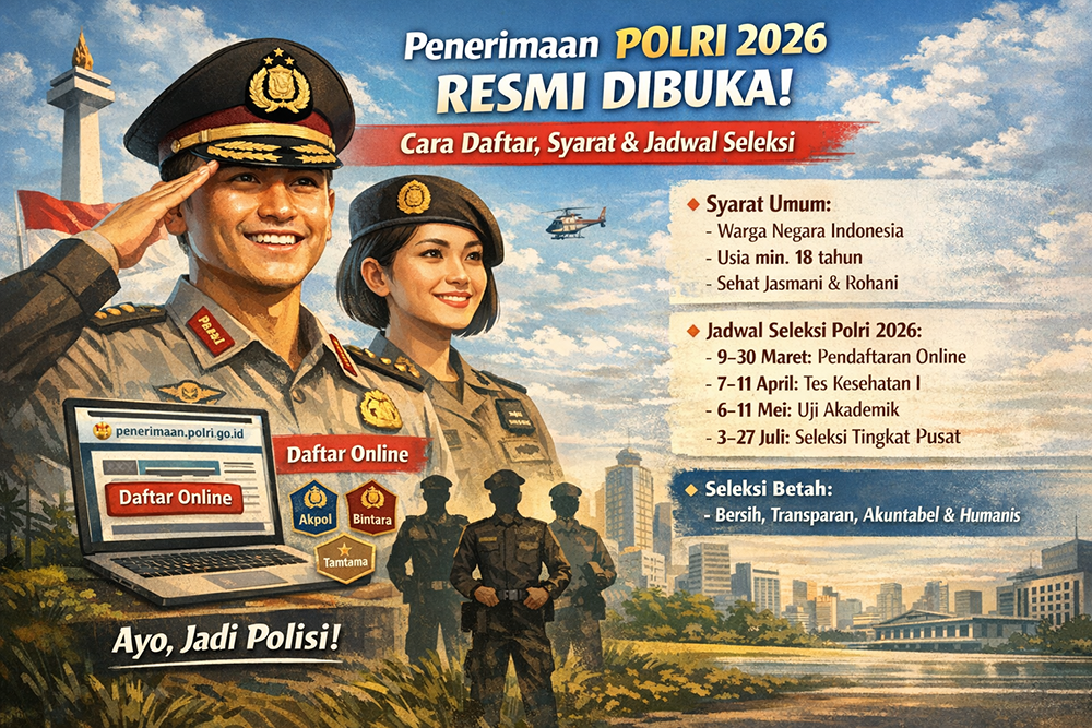 Penerimaan Polri 2026 resmi dibuka. Simak cara daftar, syarat lengkap, dan jadwal seleksi Akpol, Bintara, dan Tamtama di sini.