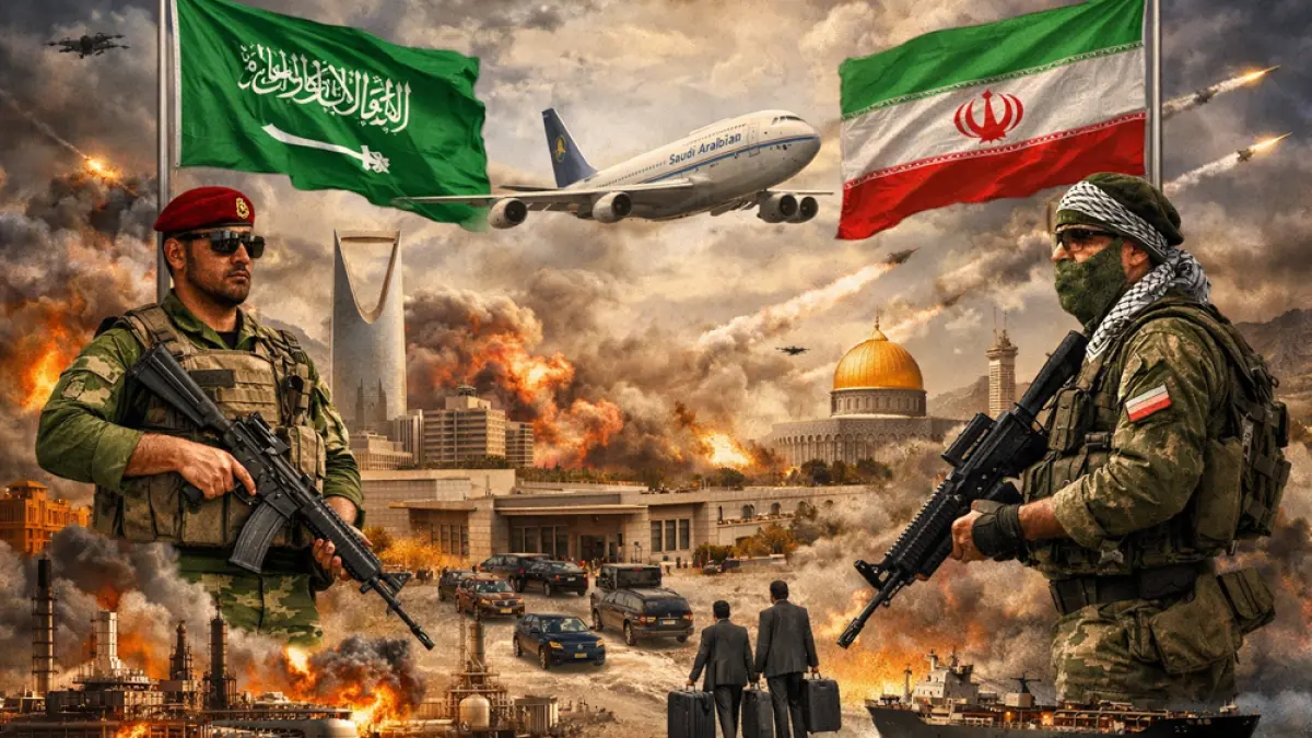 Arab Saudi usir staf militer Iran dalam 24 jam. Ketegangan Teluk meningkat akibat serangan rudal dan drone, ancam stabilitas kawasan. (ChatGPT Image)