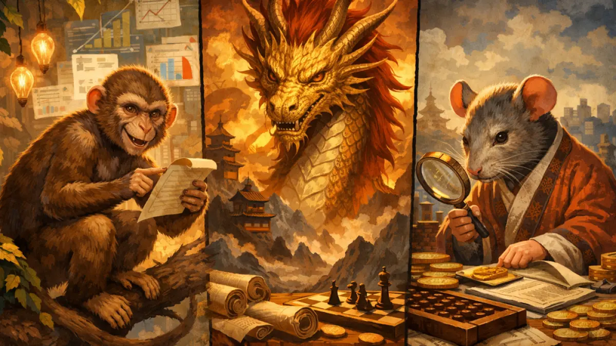 Ini 3 shio paling cerdas dan visioner dalam astrologi Tionghoa. Shio Monyet, Naga, dan Tikus dikenal strategis dan jeli melihat peluang. (ChatGPT Image)