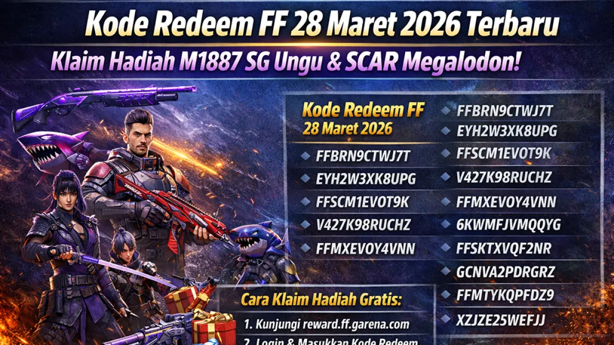 Kode redeem FF 28 Maret 2026 masih aktif. Klaim hadiah gratis M1887 SG Ungu, SCAR, Evo Gun, bundle, dan item premium Free Fire hari ini. (Ilustrasi ChatGPT Image)