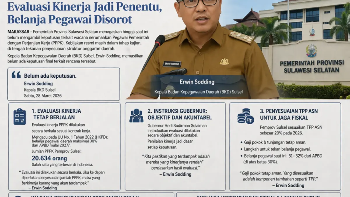 Pemprov Sulsel belum putuskan nasib PPPK. Evaluasi kinerja terus berjalan, kebijakan mengacu batas belanja pegawai 30 persen APBD 2027. (Ilustrasi ChatGPT Image)