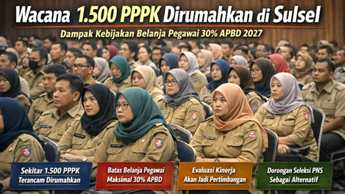 Wacana 1.500 PPPK Sulsel dirumahkan muncul. Kebijakan terkait batas belanja pegawai 30 persen APBD mulai berlaku 2027. (Ilustrasi ChatGPT Image)