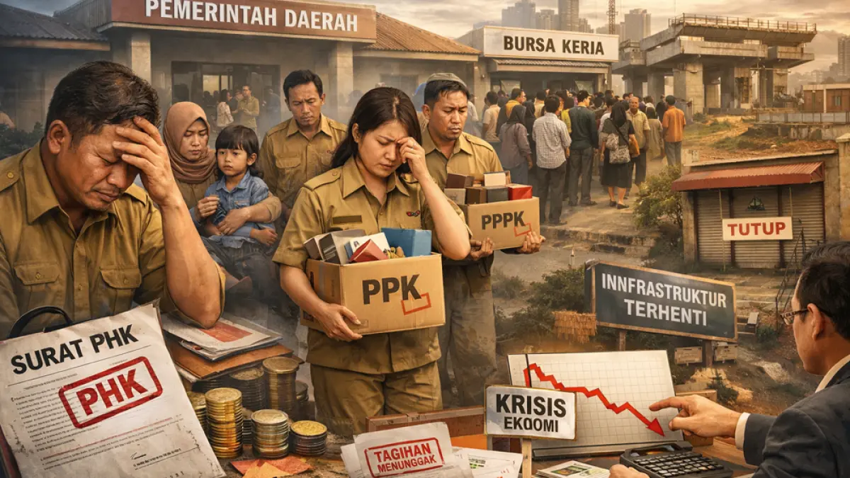 Wacana PHK ribuan PPPK di daerah picu dampak sosial ekonomi. Pengamat nilai layanan publik terancam dan pengangguran naik. (Ilustrasi ChatGPT Image)
