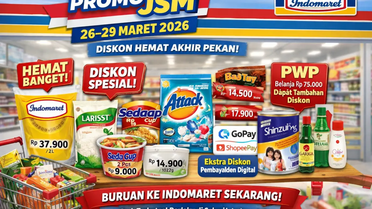 Promo JSM Indomaret 26-29 Maret 2026 hadirkan diskon minyak goreng, sembako, hingga kebutuhan rumah tangga dengan harga hemat akhir pekan. (Ilustrasi ChatGPT Image)