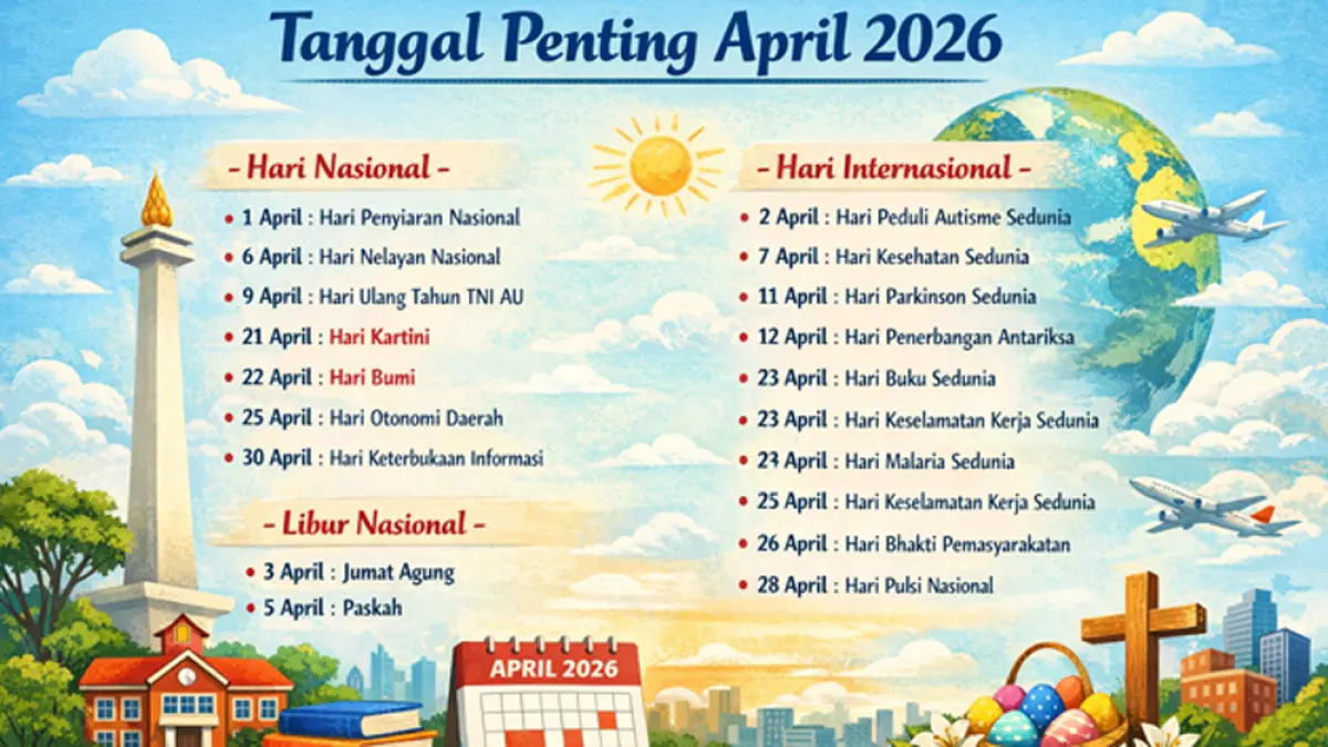 Simak daftar tanggal penting April 2026, mulai hari nasional, internasional hingga libur resmi. Cocok untuk agenda sekolah dan kerja. (Ilustrasi ChatGPT Image)