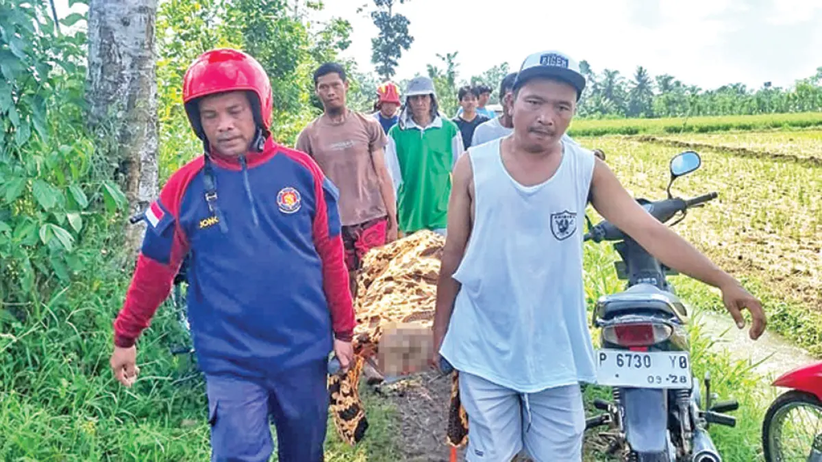 Warga mengangkut jenazah Syamsuri, 70, warga Dusun Wadungdolah, Desa Kaligondo, Kecamatan Genteng yang meninggal usai tercebur sungai, Minggu (29/3). (Irfan for Radar Banyuwangi)