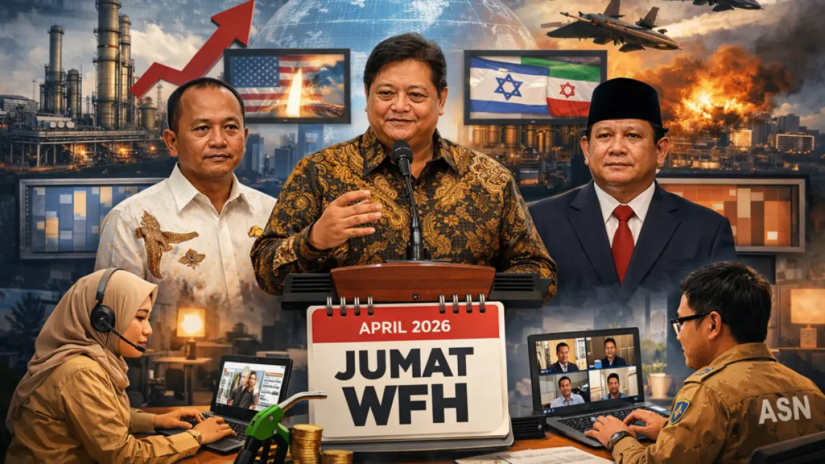 Pemerintah tetapkan WFH ASN setiap Jumat mulai April 2026 untuk hemat BBM dan mitigasi dampak konflik global Iran-AS-Israel. (Ilustrasi ChatGPT Image)