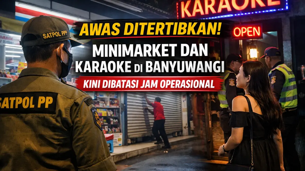 Pemkab Banyuwangi keluarkan SE terbaru soal jam operasional minimarket, karaoke, kafe, dan billiard. Pelanggar izin dan jam buka siap ditertibkan. (Ilustrasi ChatGPT Image)