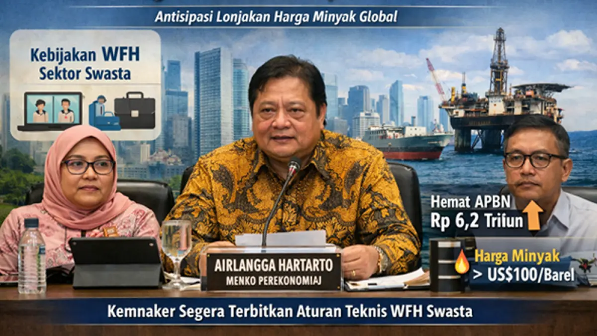 WFH swasta segera diatur Kemnaker. Pemerintah target hemat BBM hingga Rp59 triliun akibat dampak konflik global dan lonjakan harga minyak. (Ilustrasi ChatGPT Image)