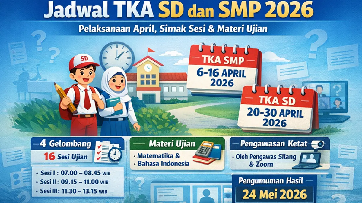 Jadwal TKA SD dan SMP 2026 resmi dimulai April. Simak tanggal pelaksanaan, sesi ujian, materi tes, hingga pengumuman hasil lengkap di sini. (Ilustrasi ChatGPT Image)