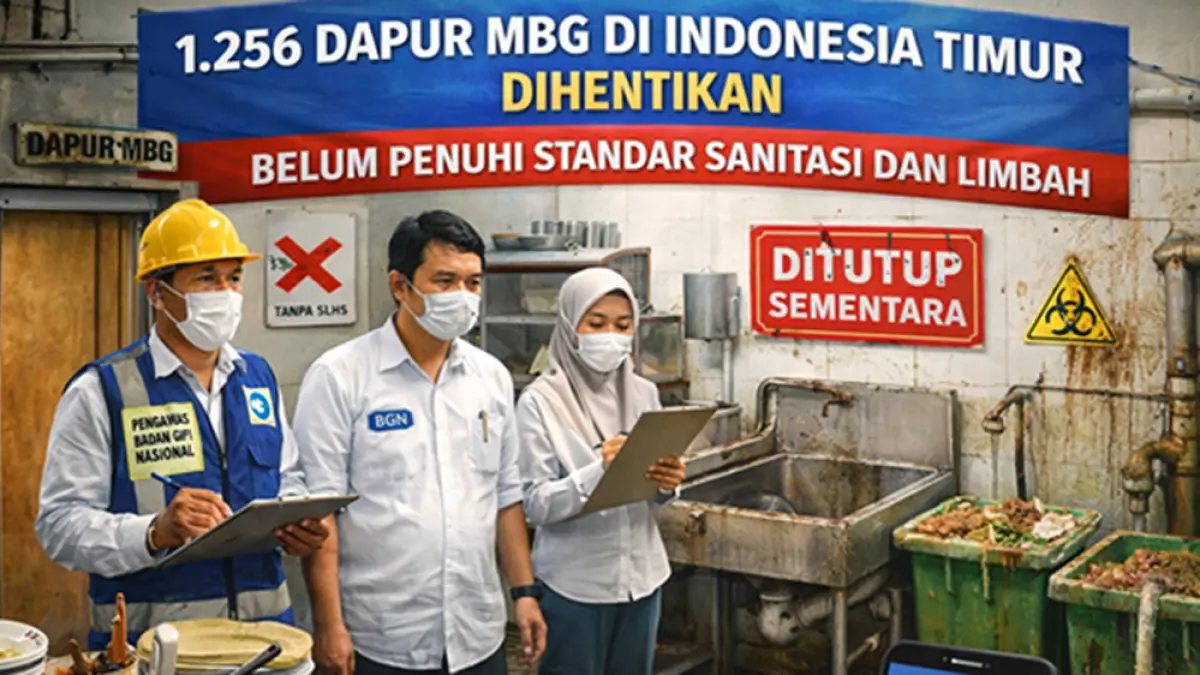 Sebanyak 1.256 dapur MBG di Indonesia Timur dihentikan sementara karena belum memenuhi standar sanitasi dan pengelolaan limbah. (Ilustrasi ChatGPT Image)